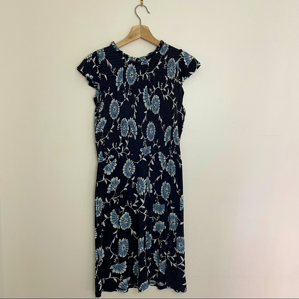 LOFT | Blue Floral Ruched Cotton Knit Sundress